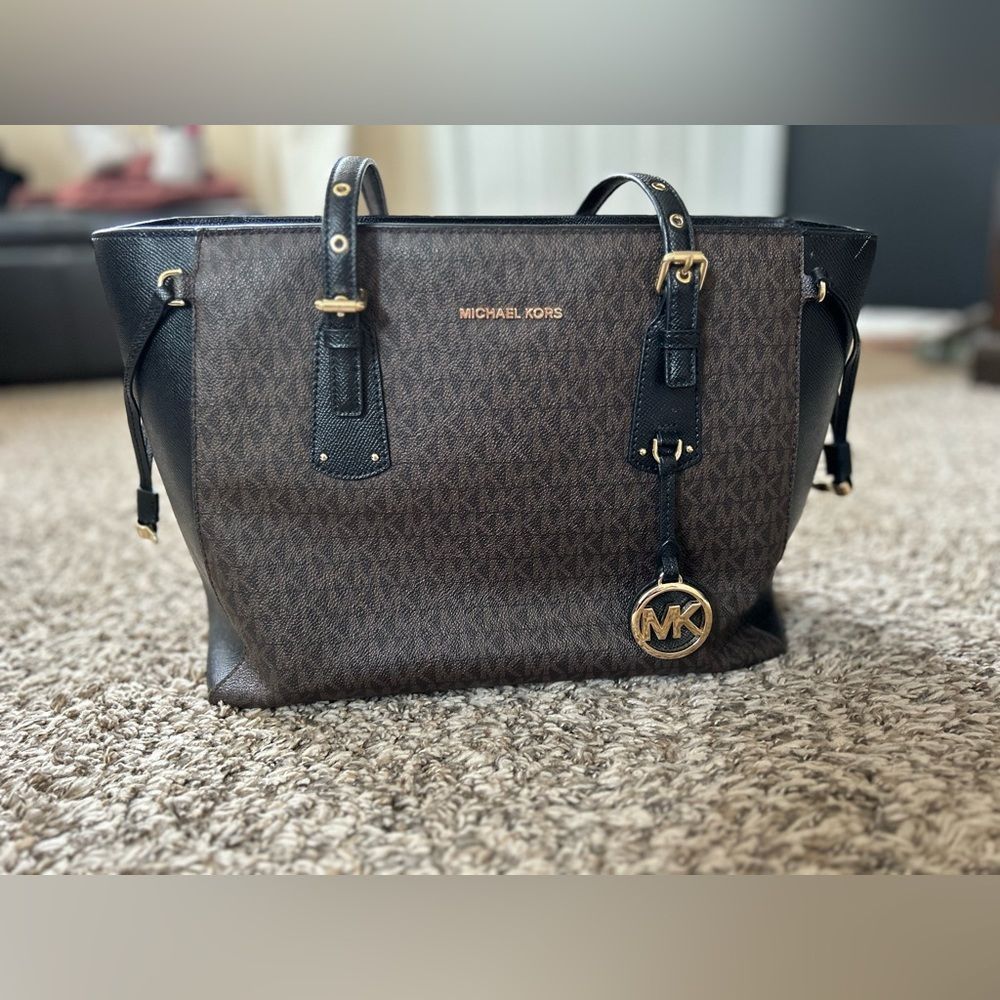 Michael Kors Brown Tote with Signature Monogram and Gold Accents